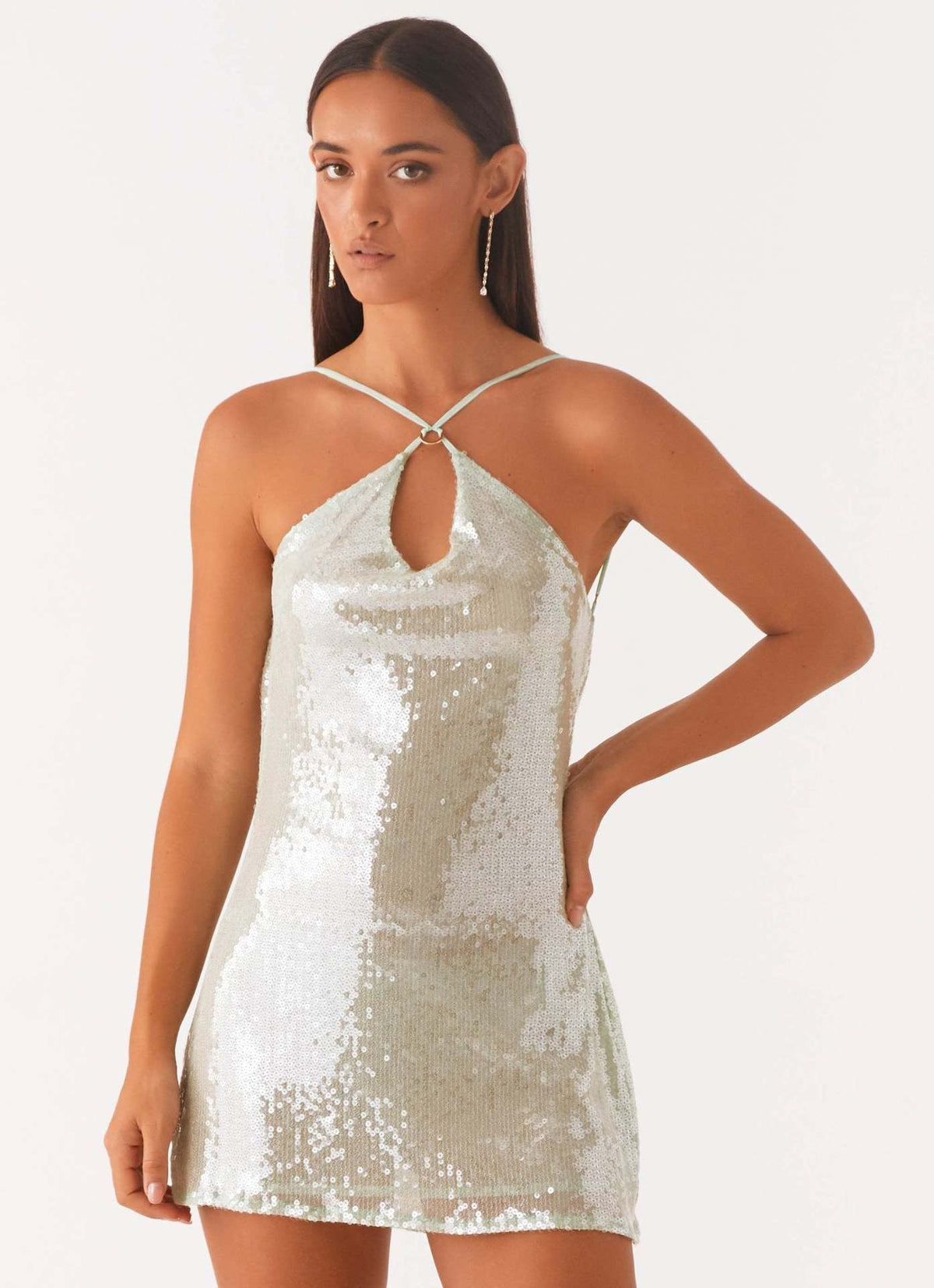 Sequin Halter Neck Backless Cowl Slip Mini Dress - View 7
