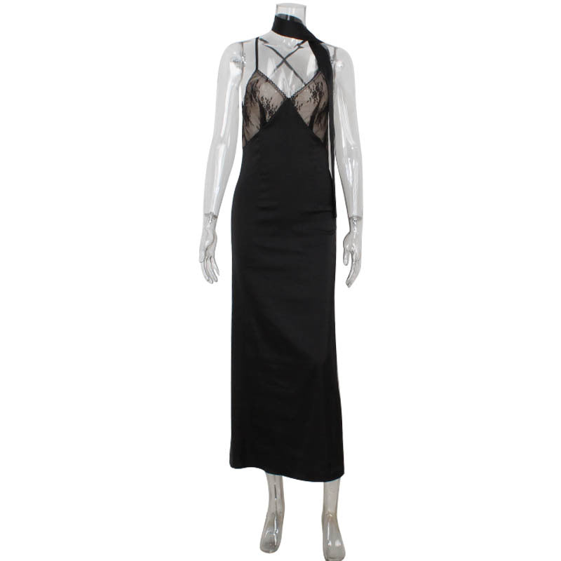 Lace Stitching Seductive V neck Backless Dinner Sling Dress - View 3