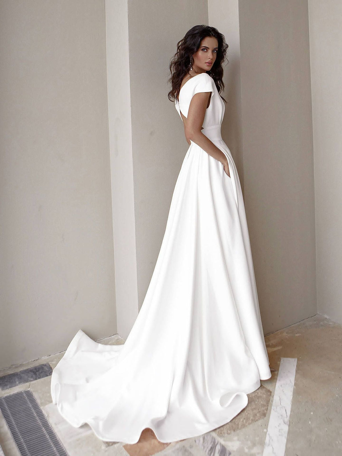 Deep V-Neck Draped Cap Sleeve High Waist High Split Pocket Gown - View 3
