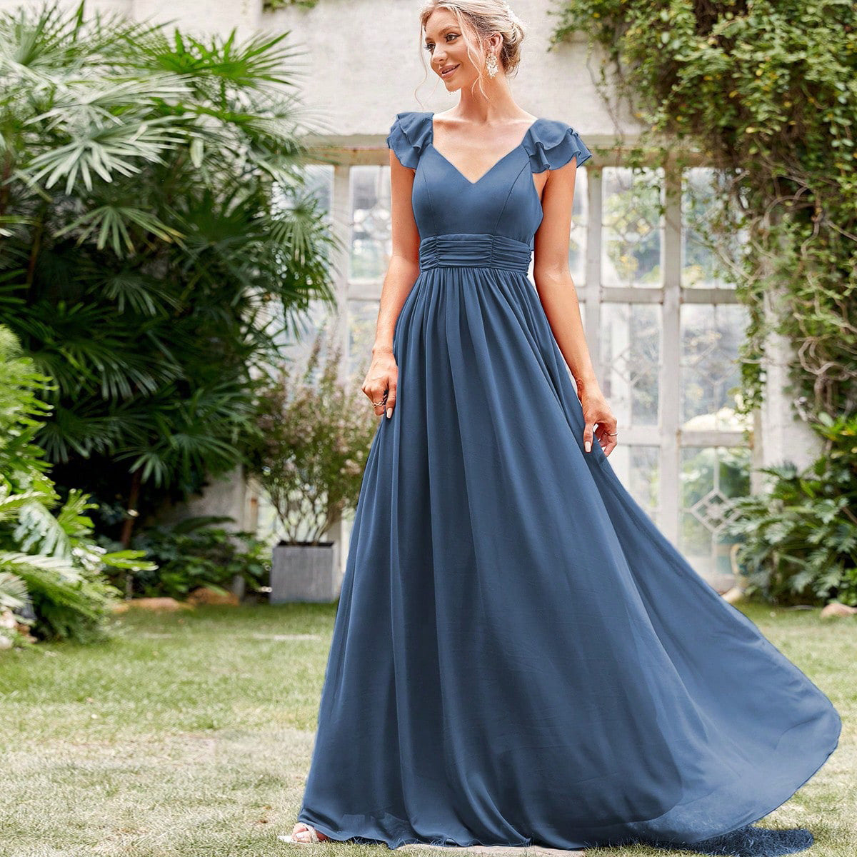 Chiffon V-Neck Ruffle Cap Sleeve Empire Waist A-Line Maxi Dress