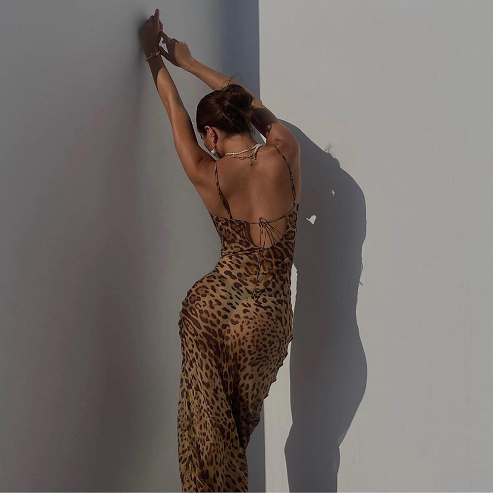 Animal Print Cowl Neck Spaghetti Strap Flowy Maxi Dress - View 4