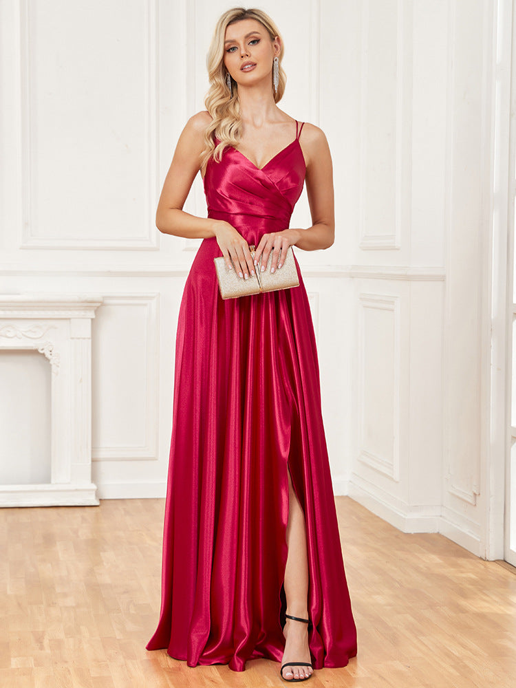 Satin Spaghetti Strap V-Neck Ruched A-Line Maxi Dress - View 2