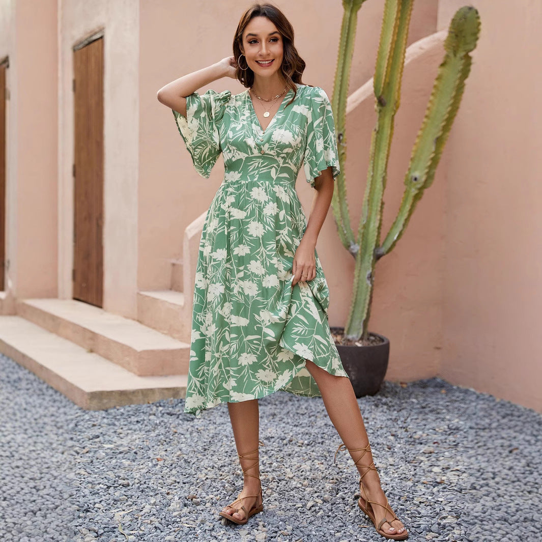 V-Neck Flutter Sleeve Floral Fit and Flare Midi Dress - View 2