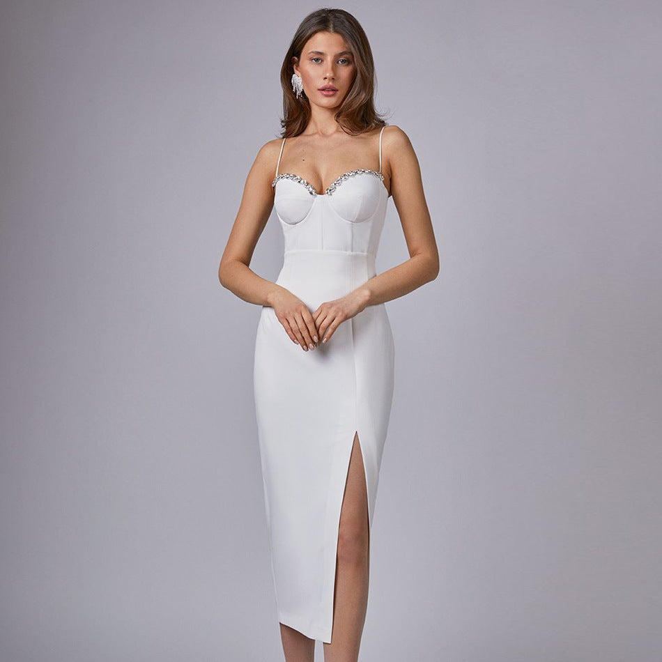 Spaghetti Strap Sweetheart Crystal Trim Bustier High Split Maxi Dress - View 6