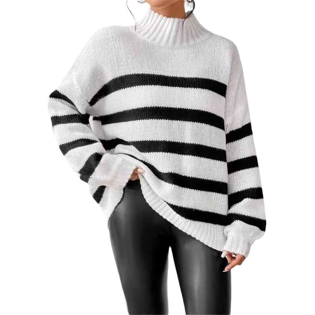 Striped Mock Neck Long Sleeve Oversized Sweater 7
