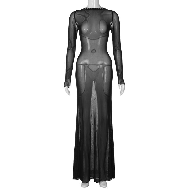 Autumn Mesh Backless Lace up Long Sleeve Super Maxi Dress - View 6