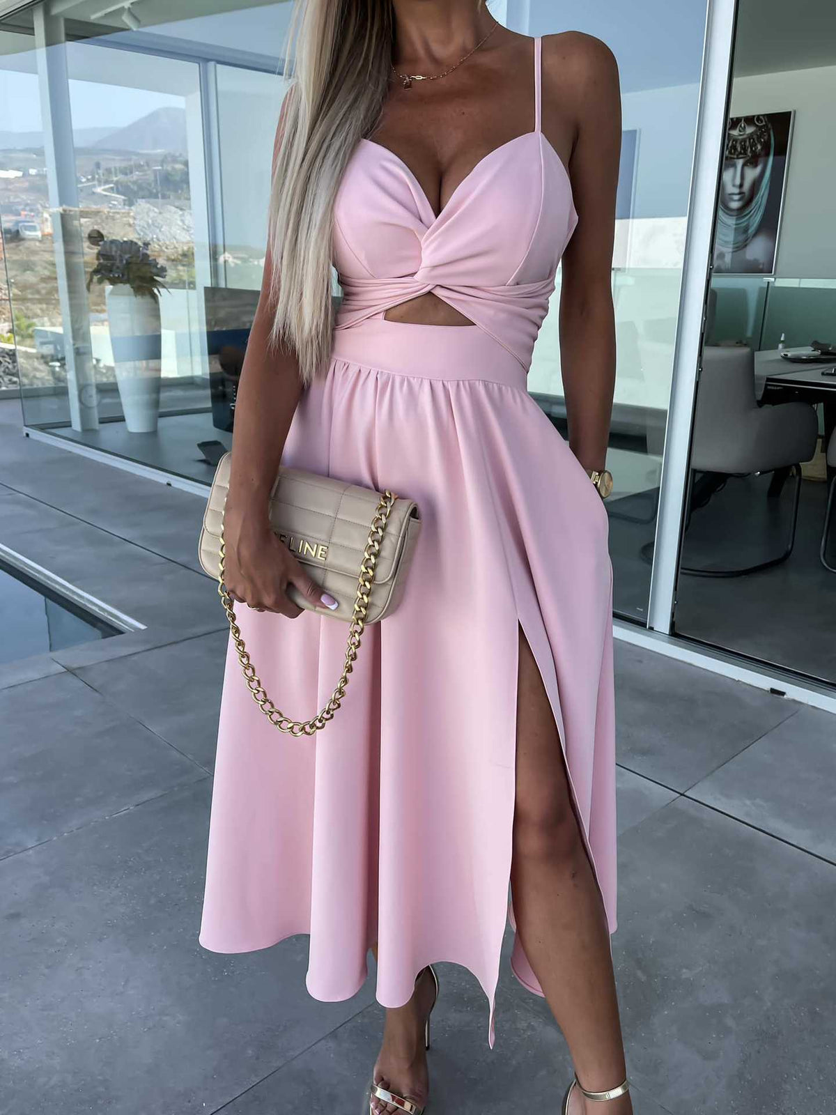 Spaghetti Strap V-Neck Twist Bust Cut Out High Split A-Line Maxi Dress - View 7