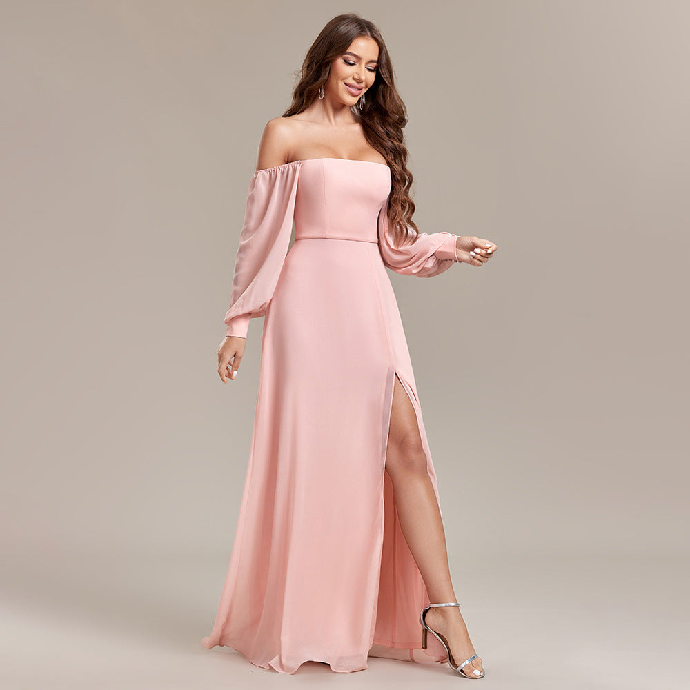 Chiffon Off Shoulder Puff Sleeve High Split A-Line Maxi Dress - View 3
