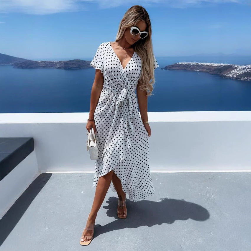 Polka Dot Wrap Deep V-Neck Short Sleeve Ruffle High Low Maxi Dress - View 4