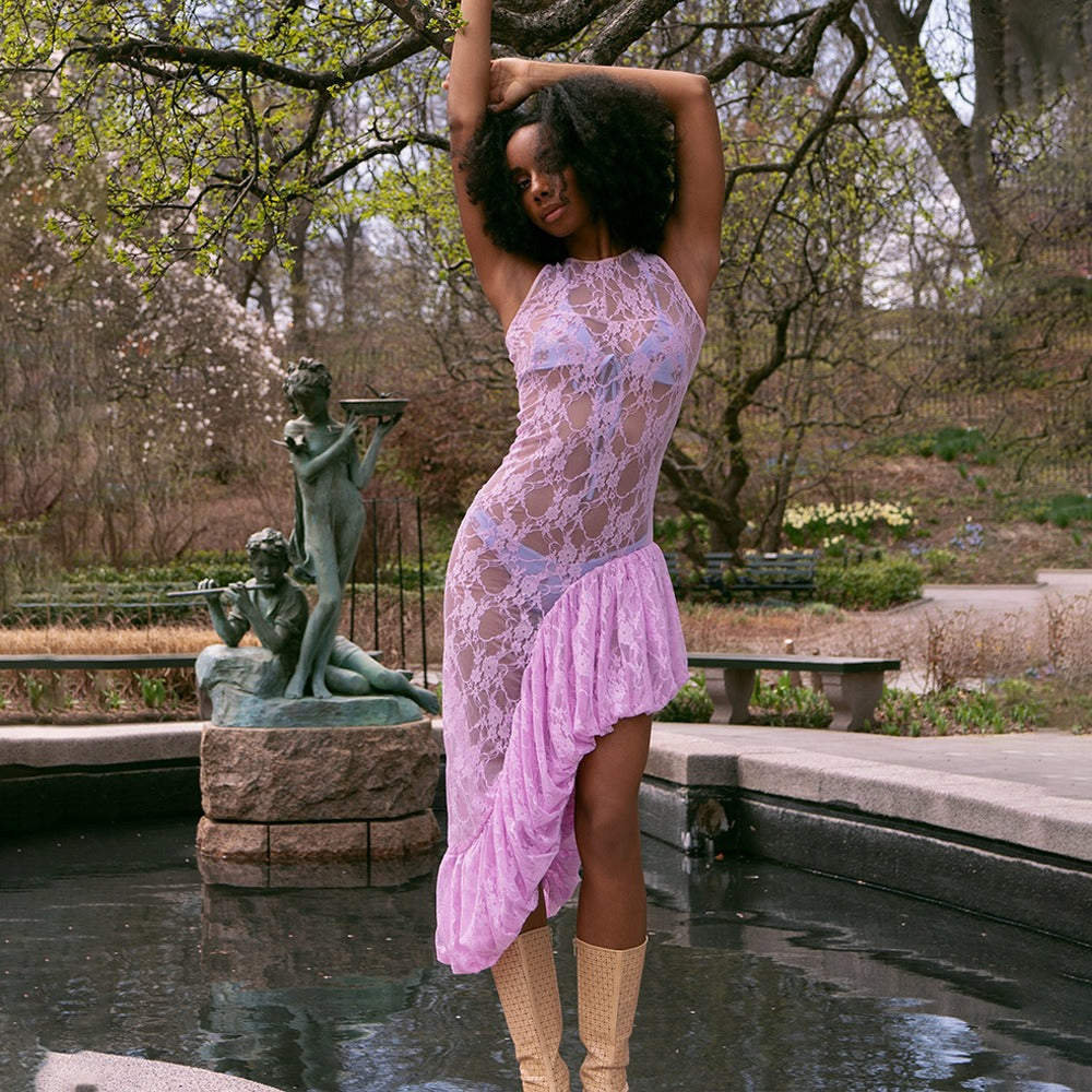 Sheer Floral Lace Mock Neck Sleeveless Tiered Ruffle Maxi Dress - View 7