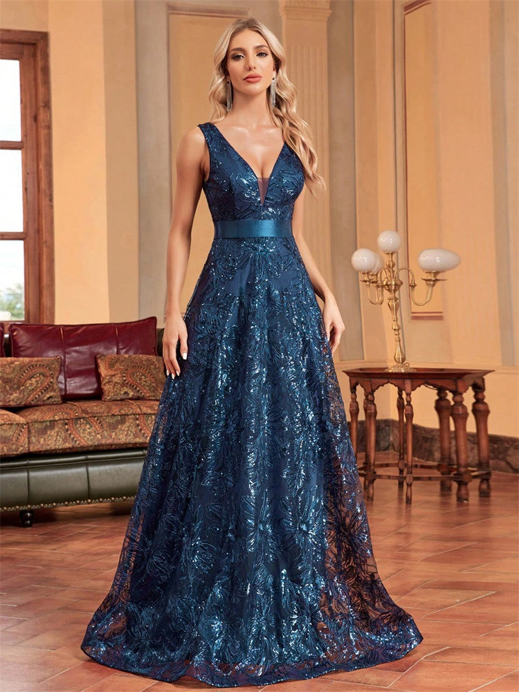 Sequin Deep V-Neck Sleeveless A-Line Maxi Prom Gown - View 5