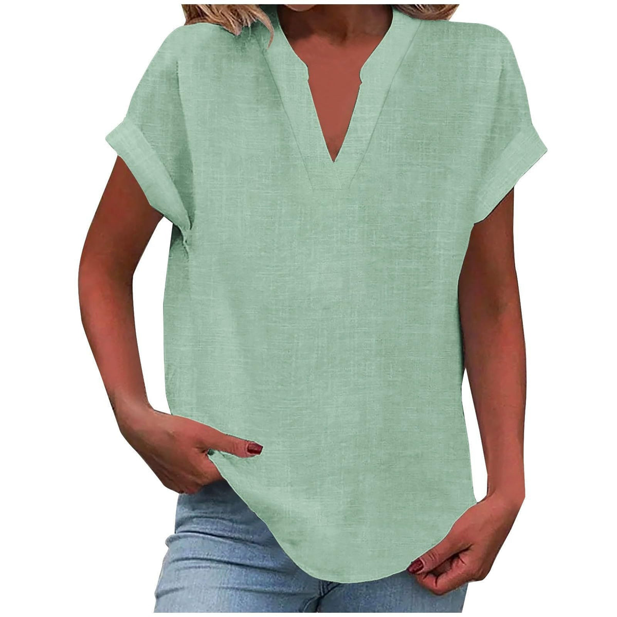 Split V-Neck Short Sleeve Linen Blouse 6