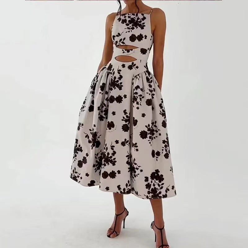 Floral Print Square Neck Cut Out A-Line Midi Dress - View 4