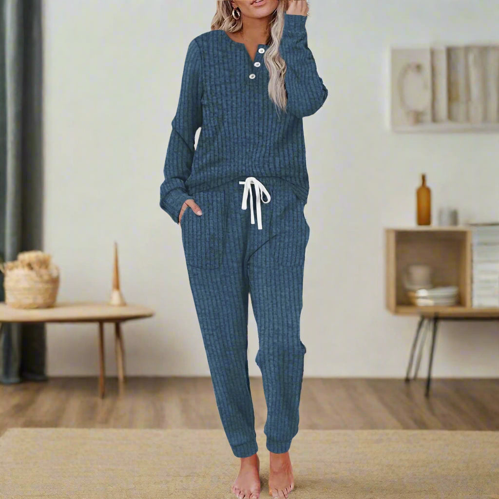 Ribbed Henley Long Sleeve Top and Jogger Two Piece Set 6