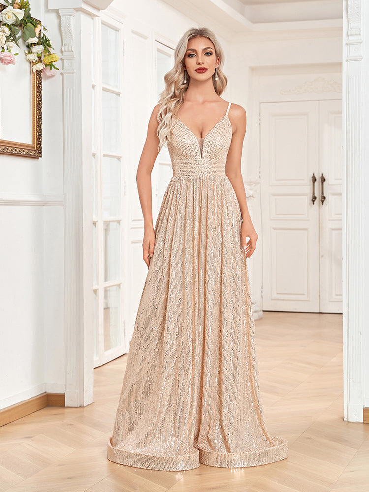 Sequin Deep V-Neck Backless Ruched A-Line Maxi Dress - View 2