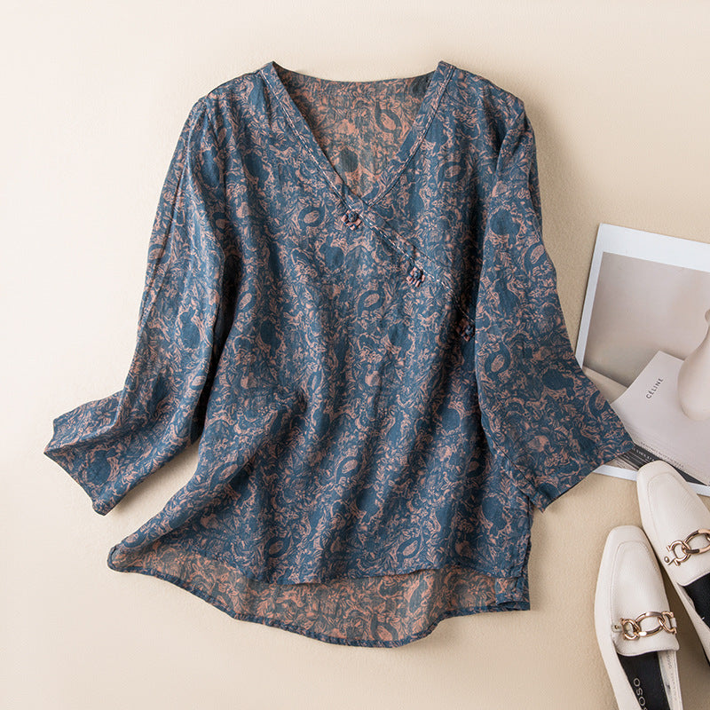 Paisley Print V-Neck Long Sleeve Frog Button Tunic Top 2