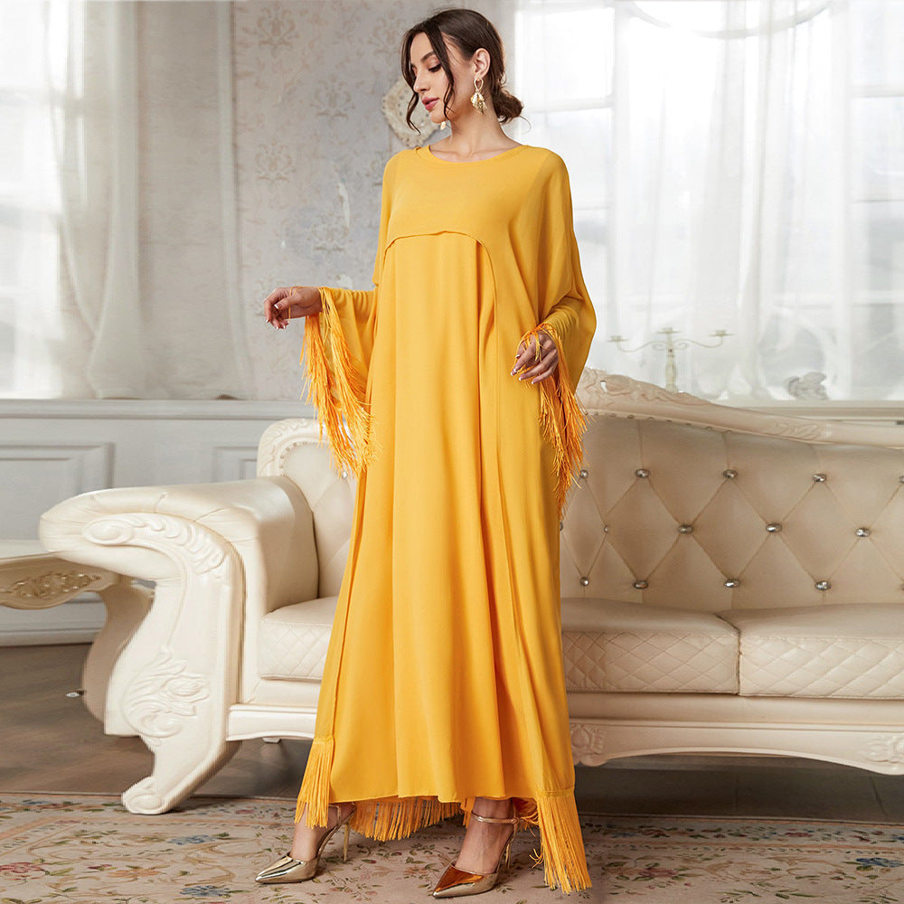 Fringe Trim Wide Sleeve Layered Kaftan Maxi Dress - View 2