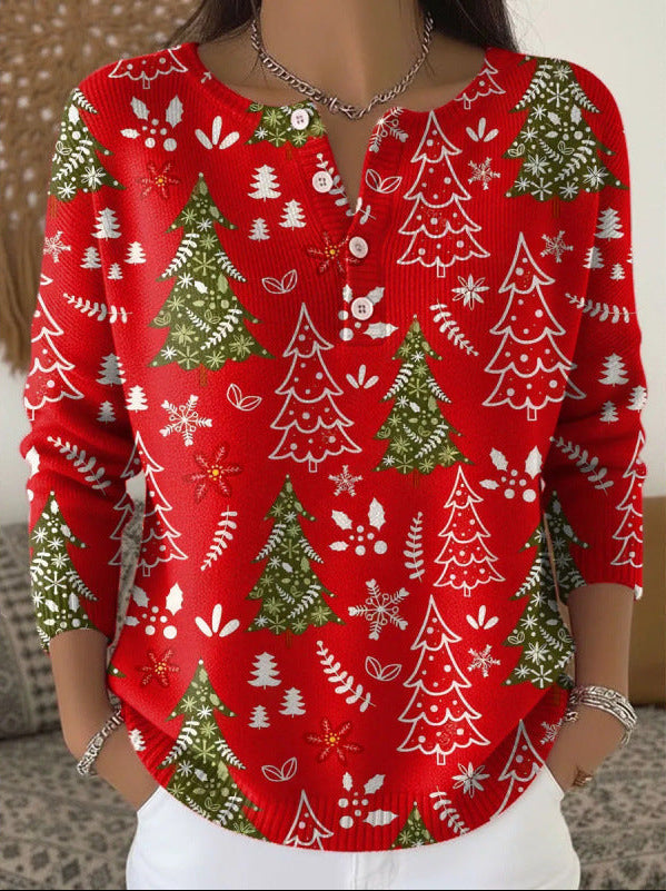 Christmas Tree Print Button Placket Long Sleeve Knit Top 4