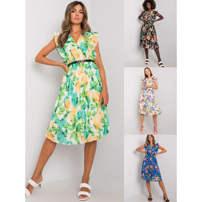 Floral V-Neck Flutter Sleeve Belted Pleated Midi Dress