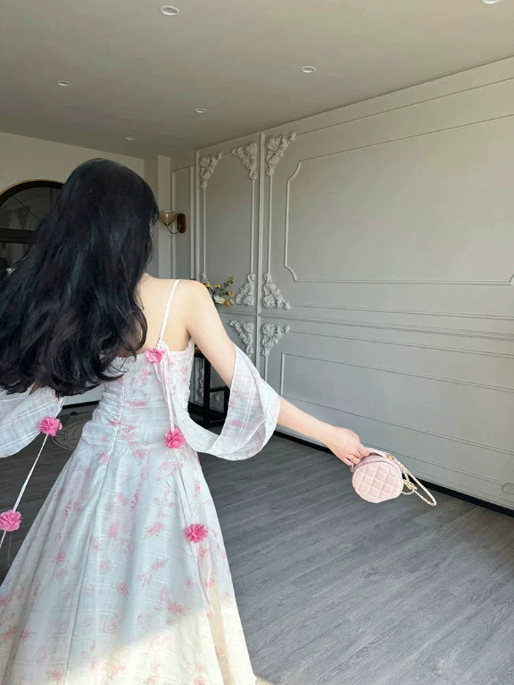 Floral Spaghetti Strap Backless Appliqué Maxi Dress 3