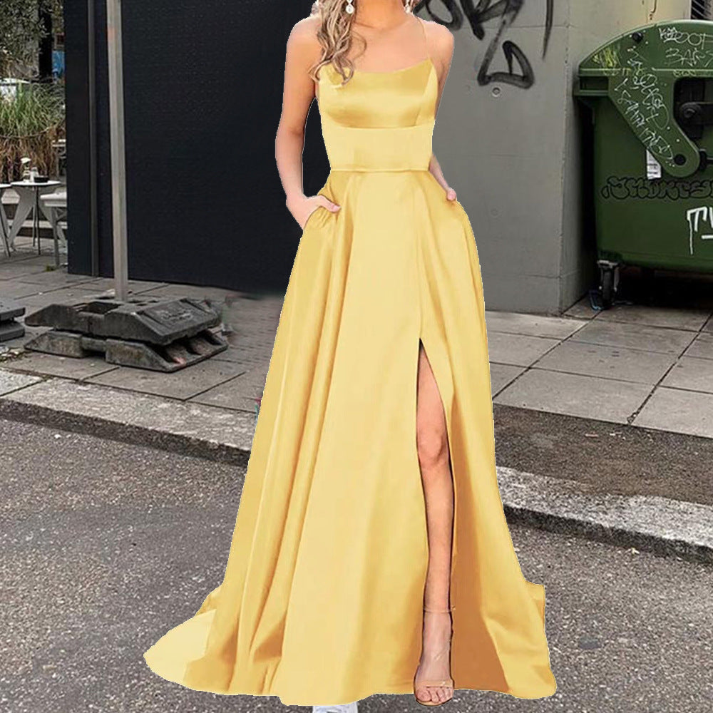 Satin Halter Neck Mermaid High Split Maxi Dress in Red - View 9