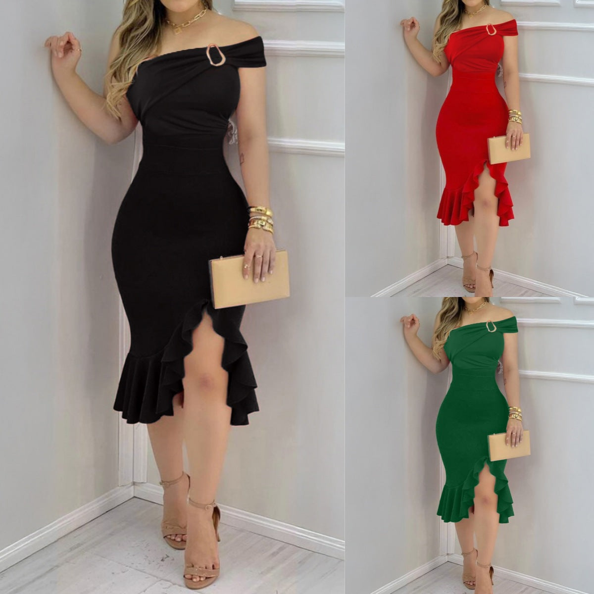 Off Shoulder Ring Detail Ruched Ruffle Hem Bodycon Midi Dress - View 2