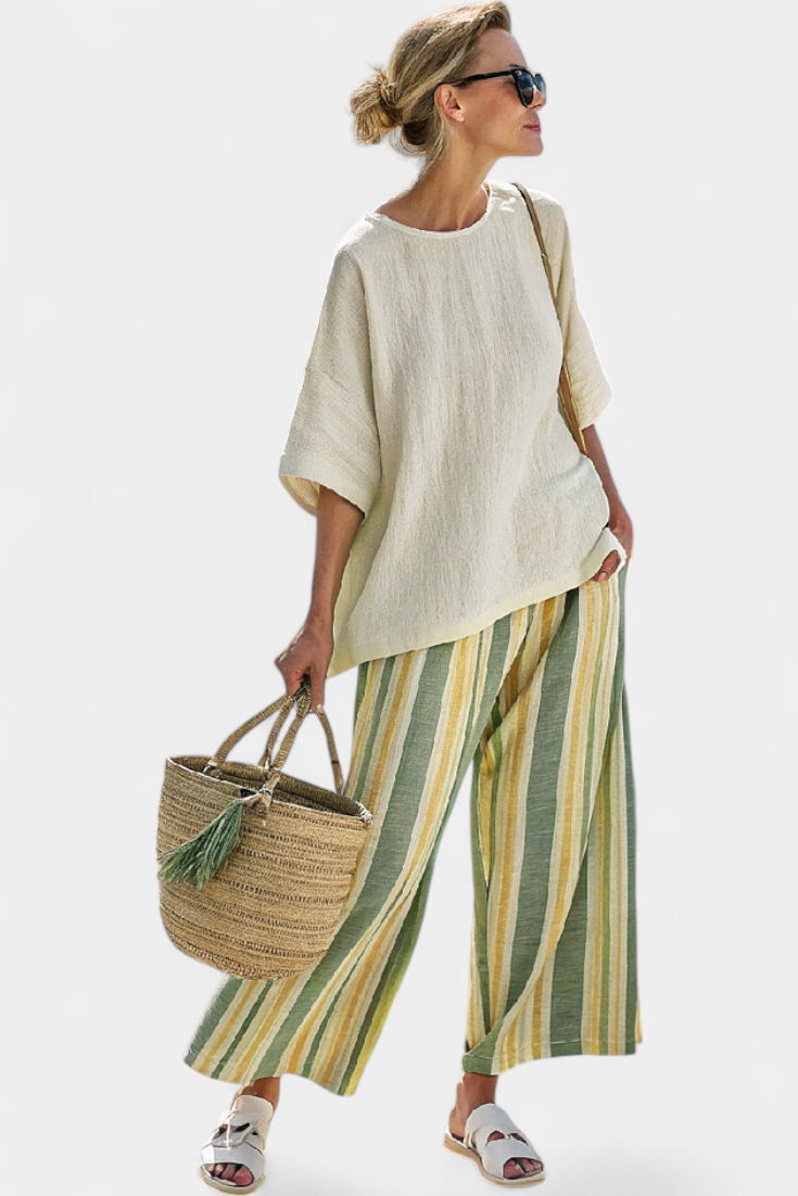 Round Neck Half Sleeve Top and Striped Wide Leg Pants Two Piece Set 5