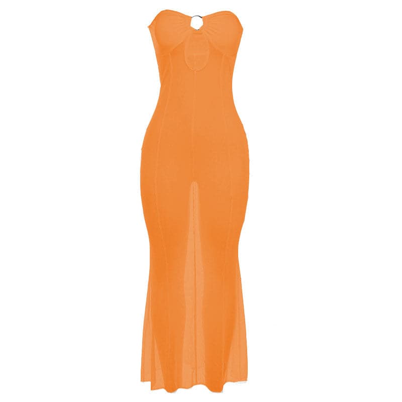 Mesh see through o ring hollow out backless tube maxi dress - View 10