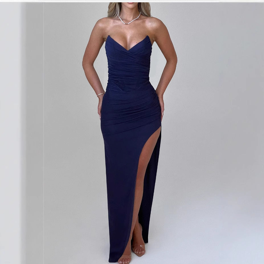 Strapless Sweetheart Ruched Crossover Wrap High Split Maxi Gown - View 7