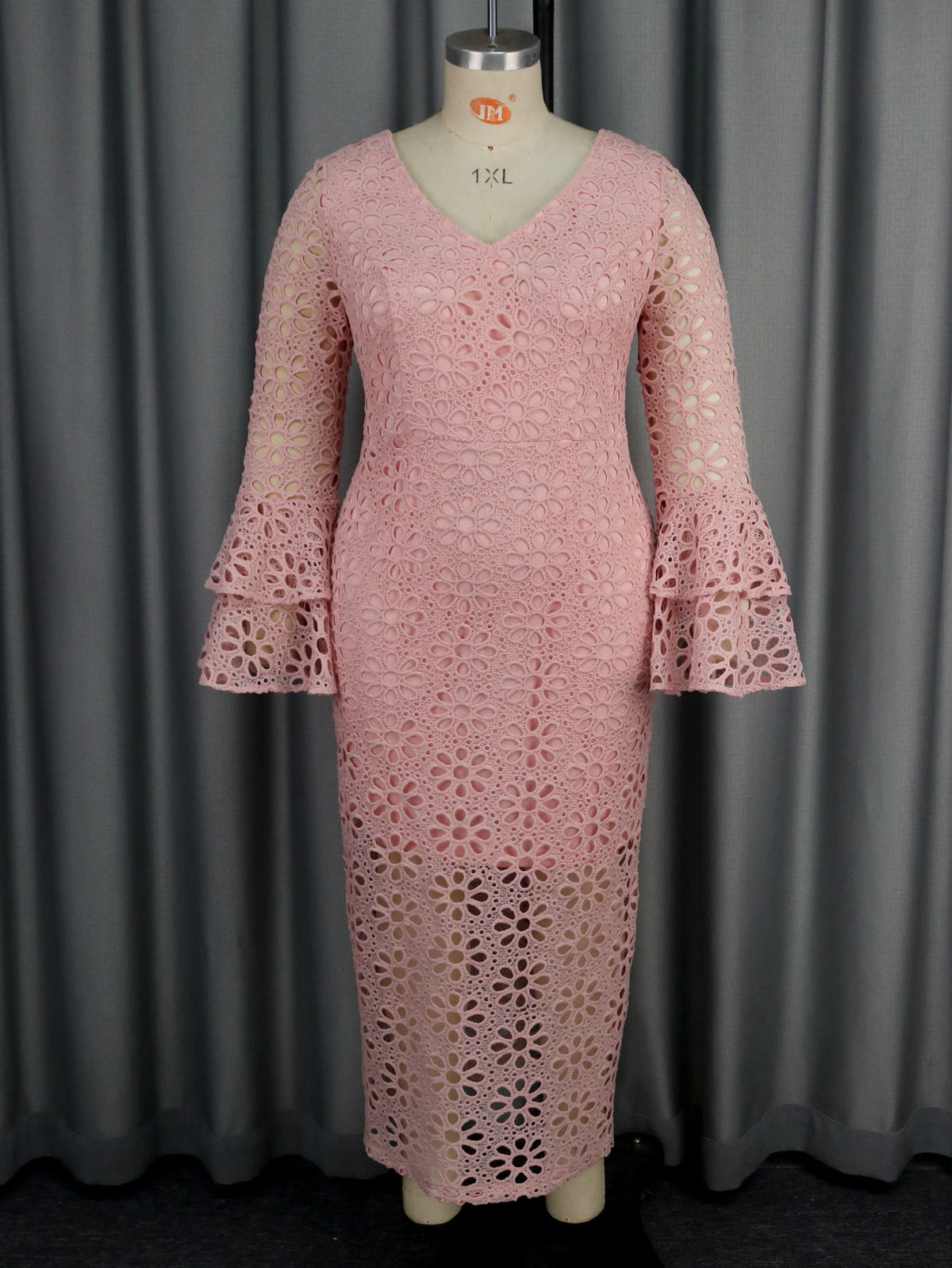 Lace Eyelet V-Neck Tiered Bell Sleeve Partial Sheer Lined Midi Dress - View 2