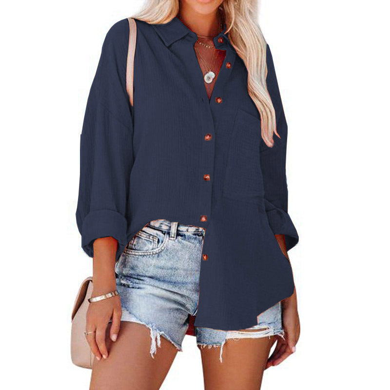 Collared Long Sleeve Button Down Textured Pocket Shirt 7