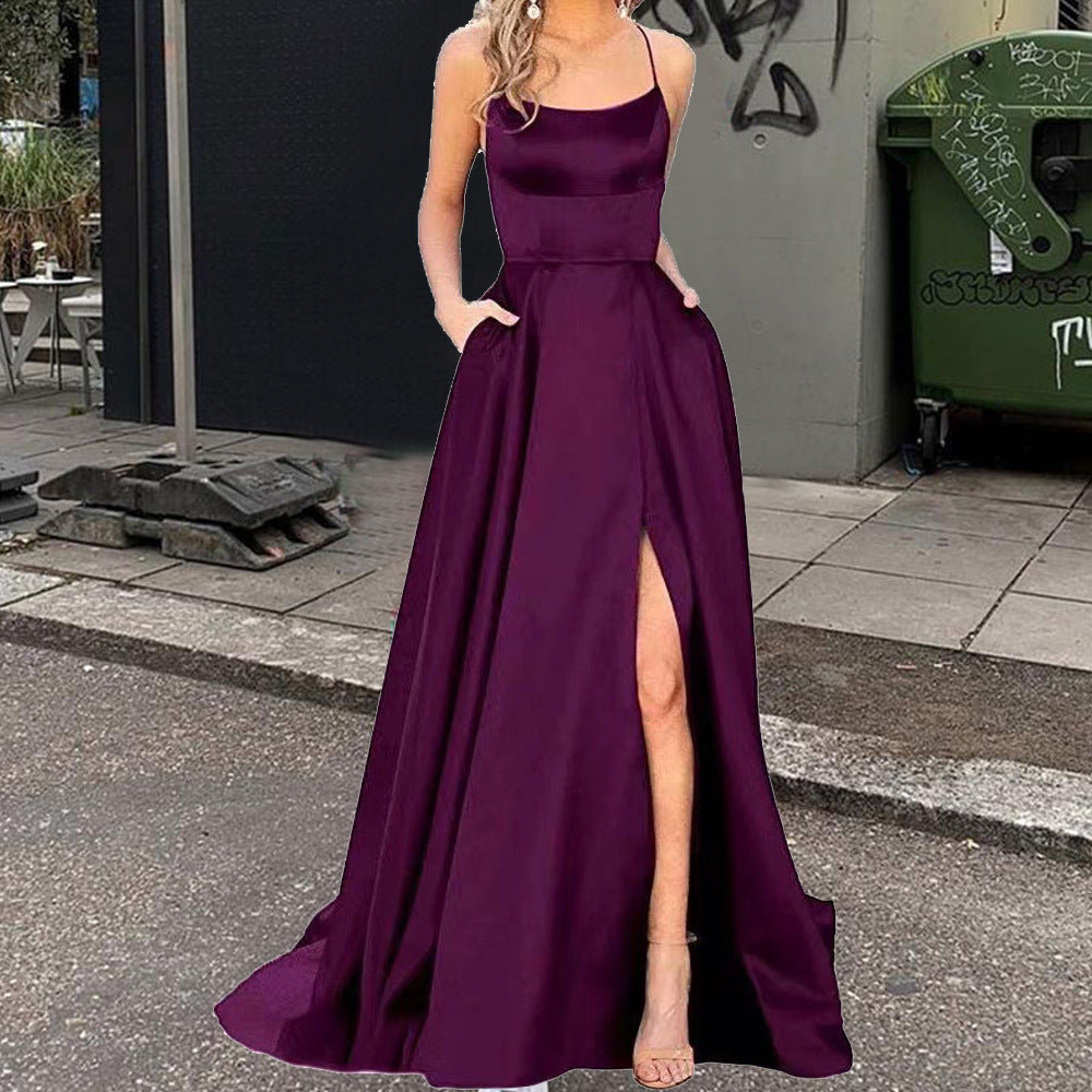 Satin Halter Neck Mermaid High Split Maxi Dress in Red - View 10