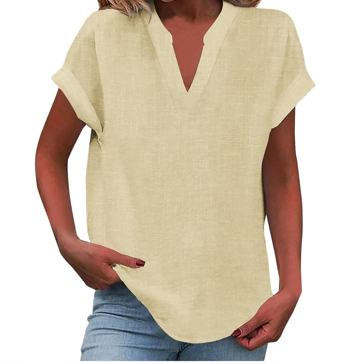 Split V-Neck Short Sleeve Linen Blouse 7