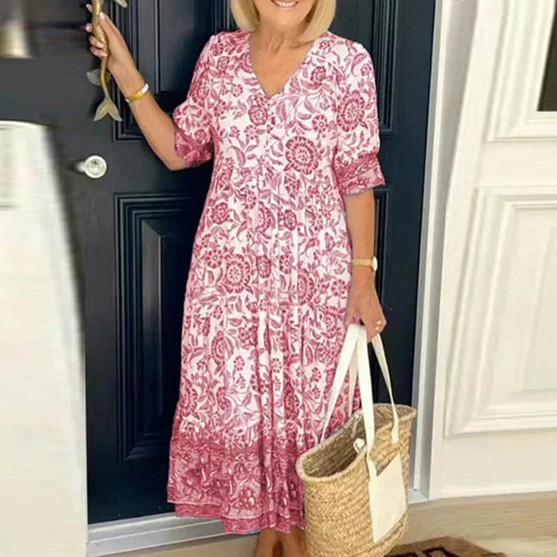 Floral Print V-Neck Button Front Ruffle Cuff Tiered Maxi Summer Dress - View 4