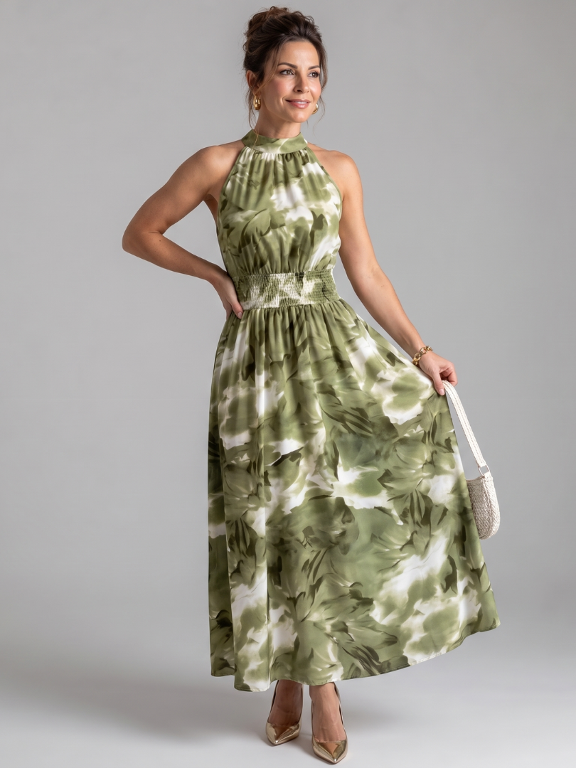 Halter Neck Smocked Waist Floral Print Maxi Dress