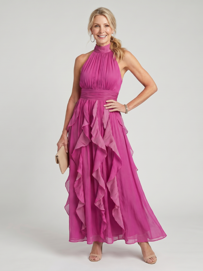 Halter Neck Ruched Cascade Ruffle Chiffon Maxi Dress
