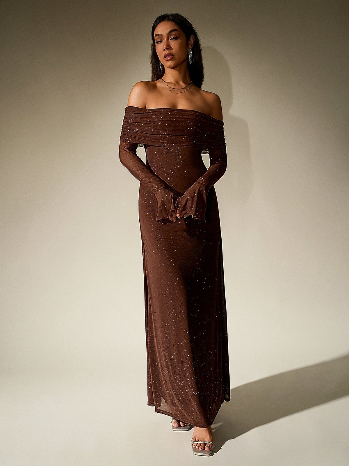Off Shoulder Flounce Sleeve Mesh Sequin Dress 38