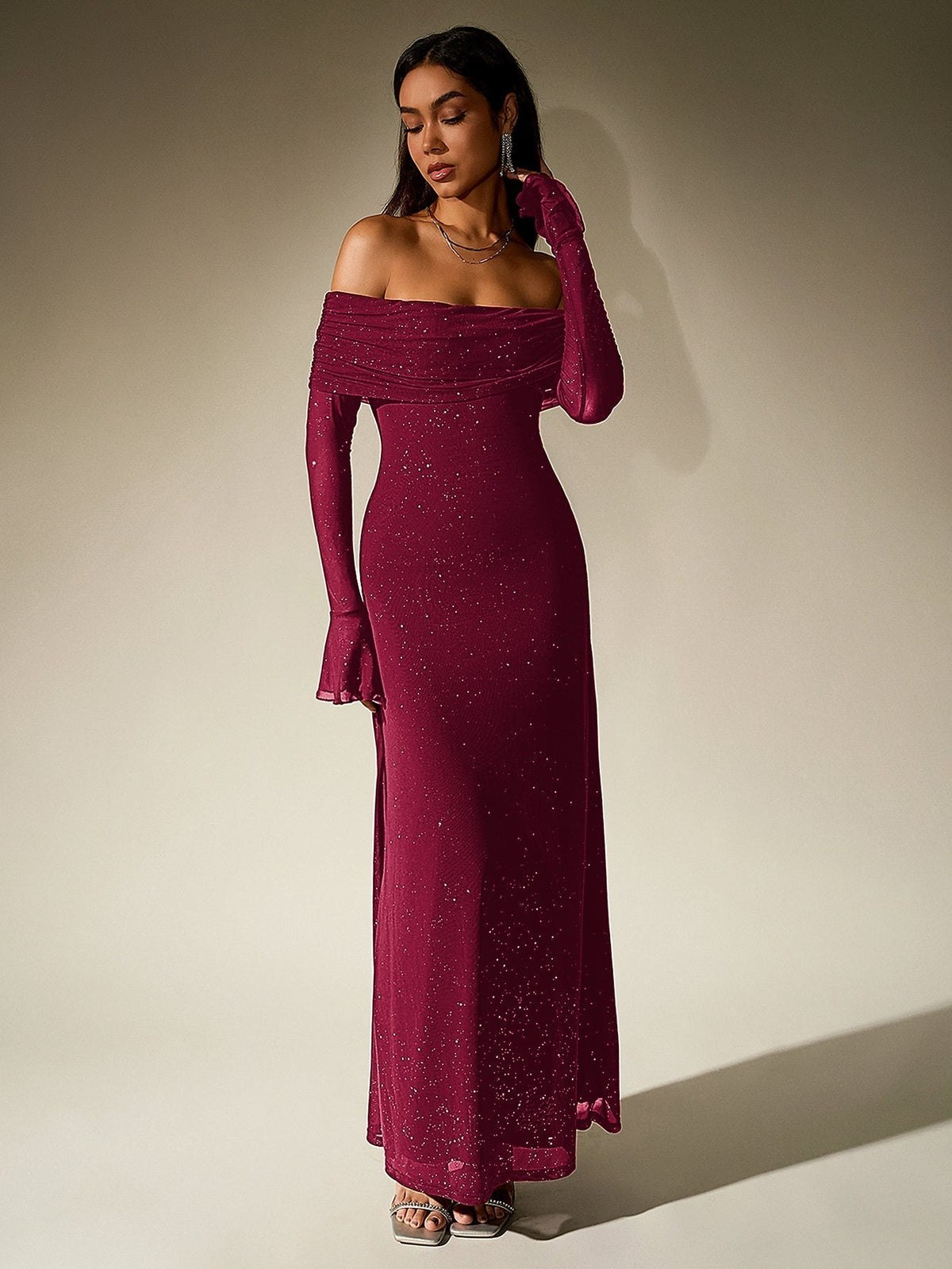 Off Shoulder Flounce Sleeve Mesh Sequin Dress - View 8