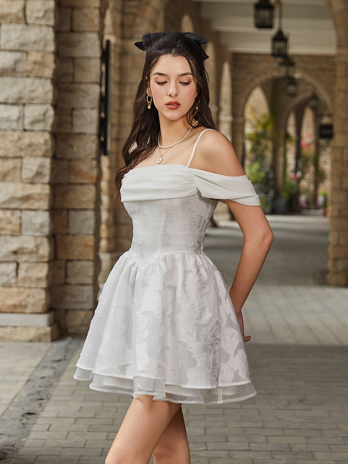 Jacquard Floral Off Shoulder Corset Basque Waist Mini Dress - View 4