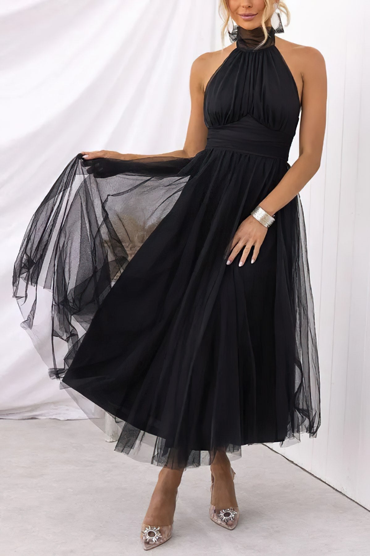 Tulle Halter Neck Tie Back Open Back Ruched Waist Layered Midi Dress - View 5