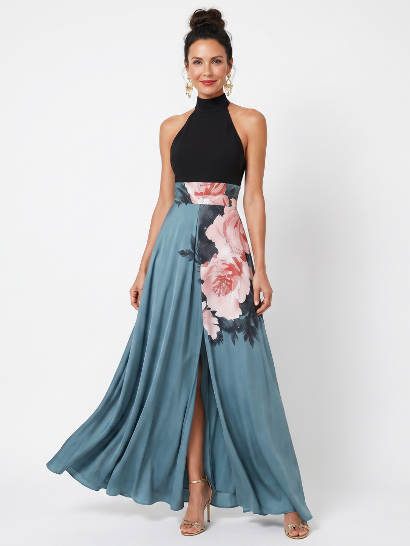 Floral Halter Neck High Split Maxi Dress
