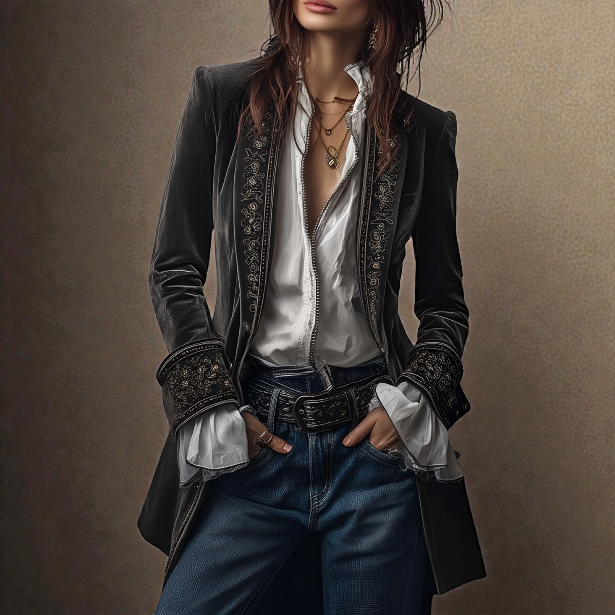 Embroidered Longline Velvet Look Blazer 3