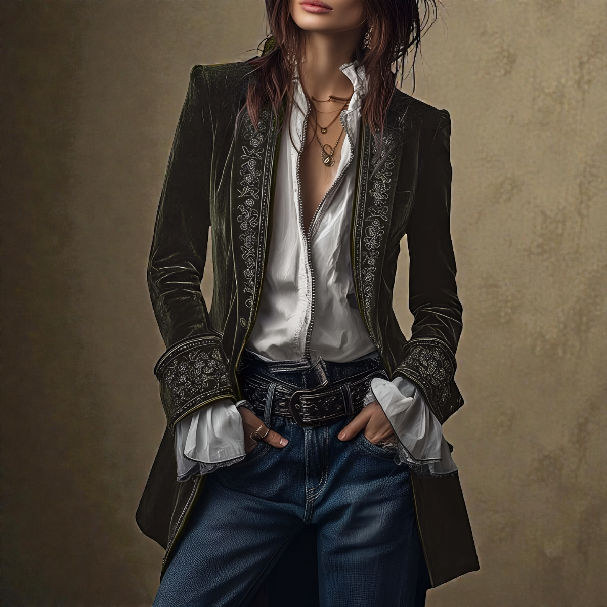 Embroidered Longline Velvet Look Blazer 4