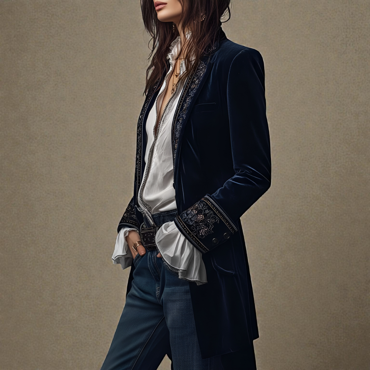 Embroidered Longline Velvet Look Blazer 6