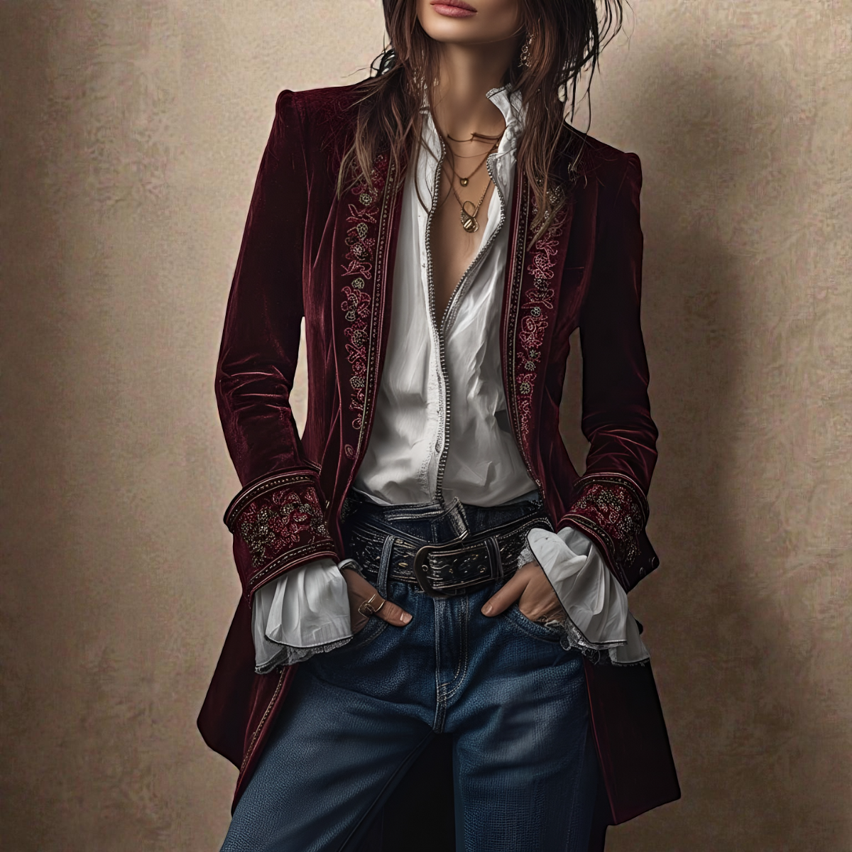 Embroidered Longline Velvet Look Blazer 5