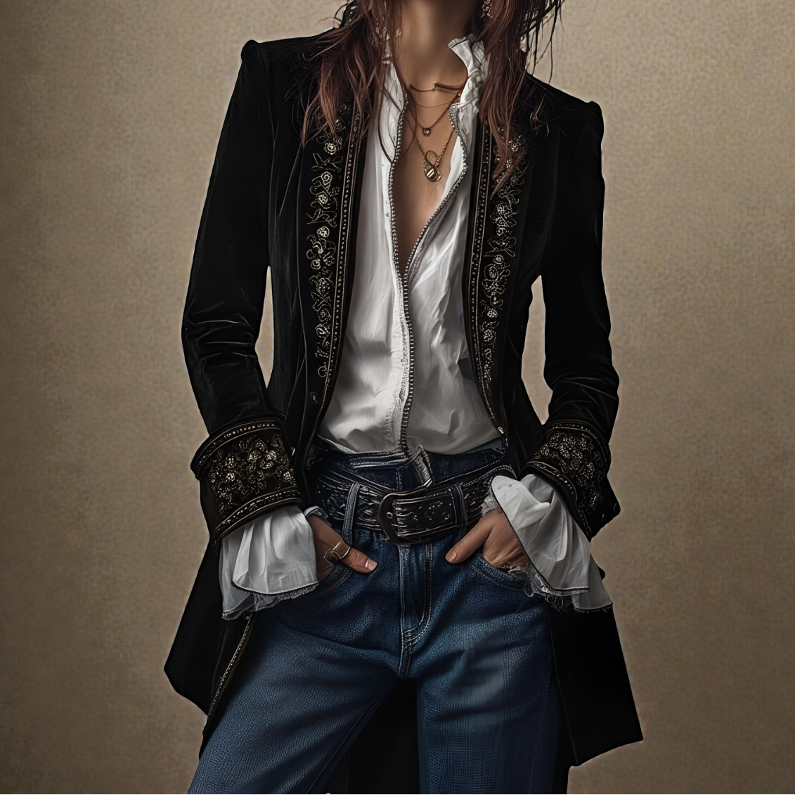 Floral Embroidered Velvet Longline Blazer 2