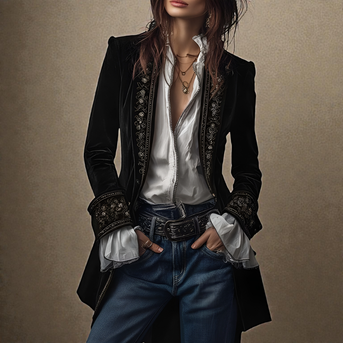 Embroidered Longline Velvet Look Blazer 2