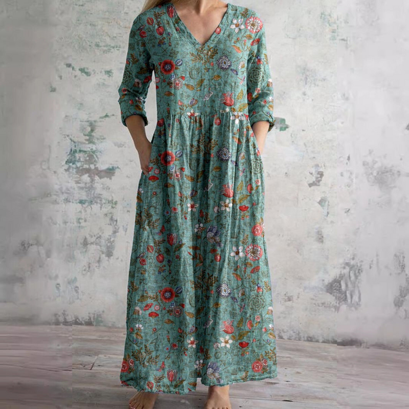 Floral V-Neck Long Sleeve Pocket Maxi Dress