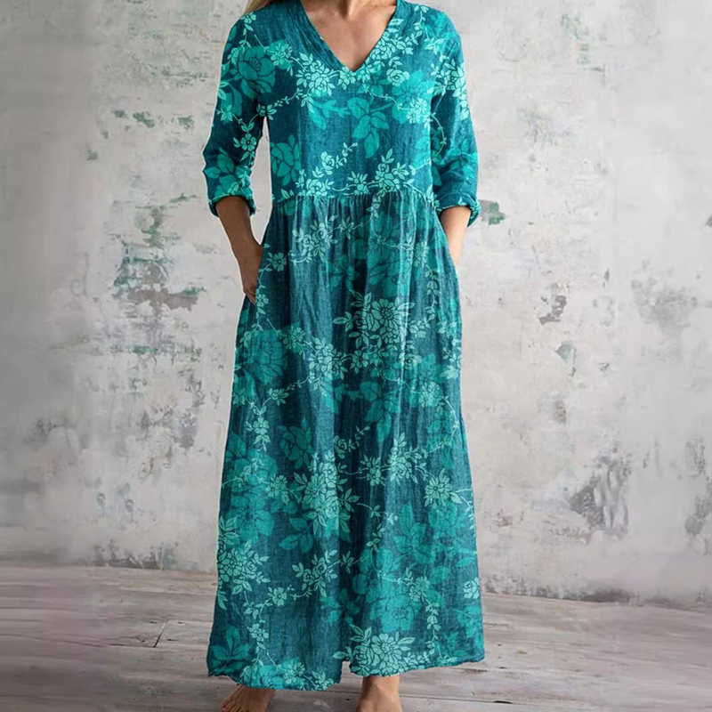 Floral V-Neck Three Quarter Sleeve Tiered Maxi Dress