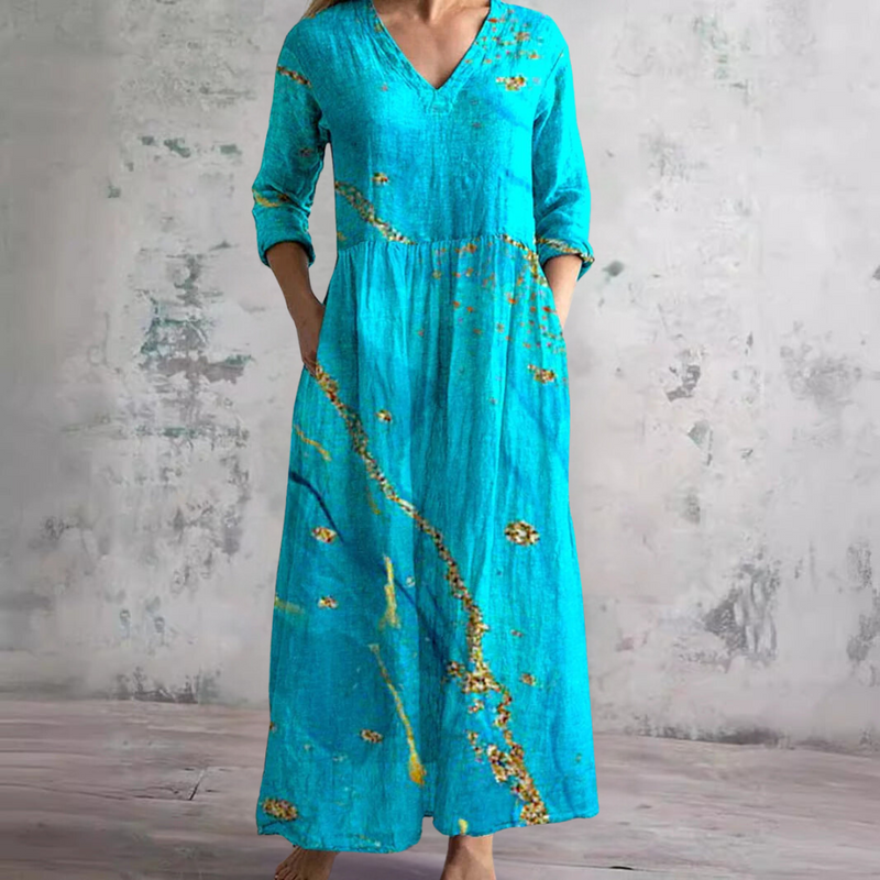 Marble Print V-Neck Long Sleeve Tiered Maxi Dress